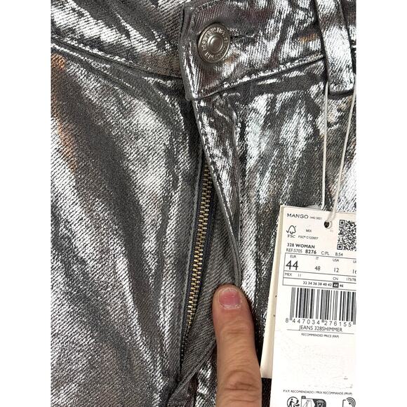 MNG Womens 12 Silver Foil Straight Wide Leg Denim Jeans Evening Wear NEW - Picture 8 of 11